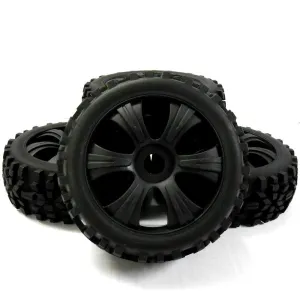 18202 1/8 Scale Off Road Multi Direc Buggy RC 6 Spoke Wheels and Tyres Black x 4