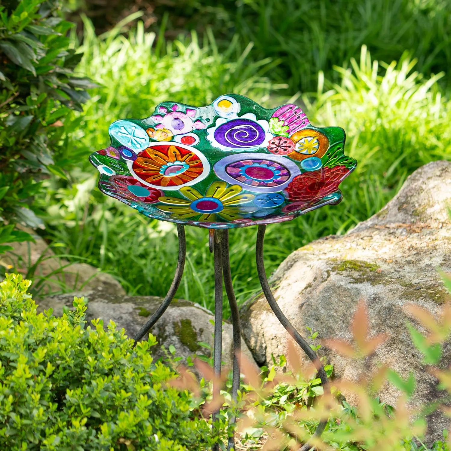 18" Abstract Floral Sculpted Edge Glass Bird Bath,2gb7186