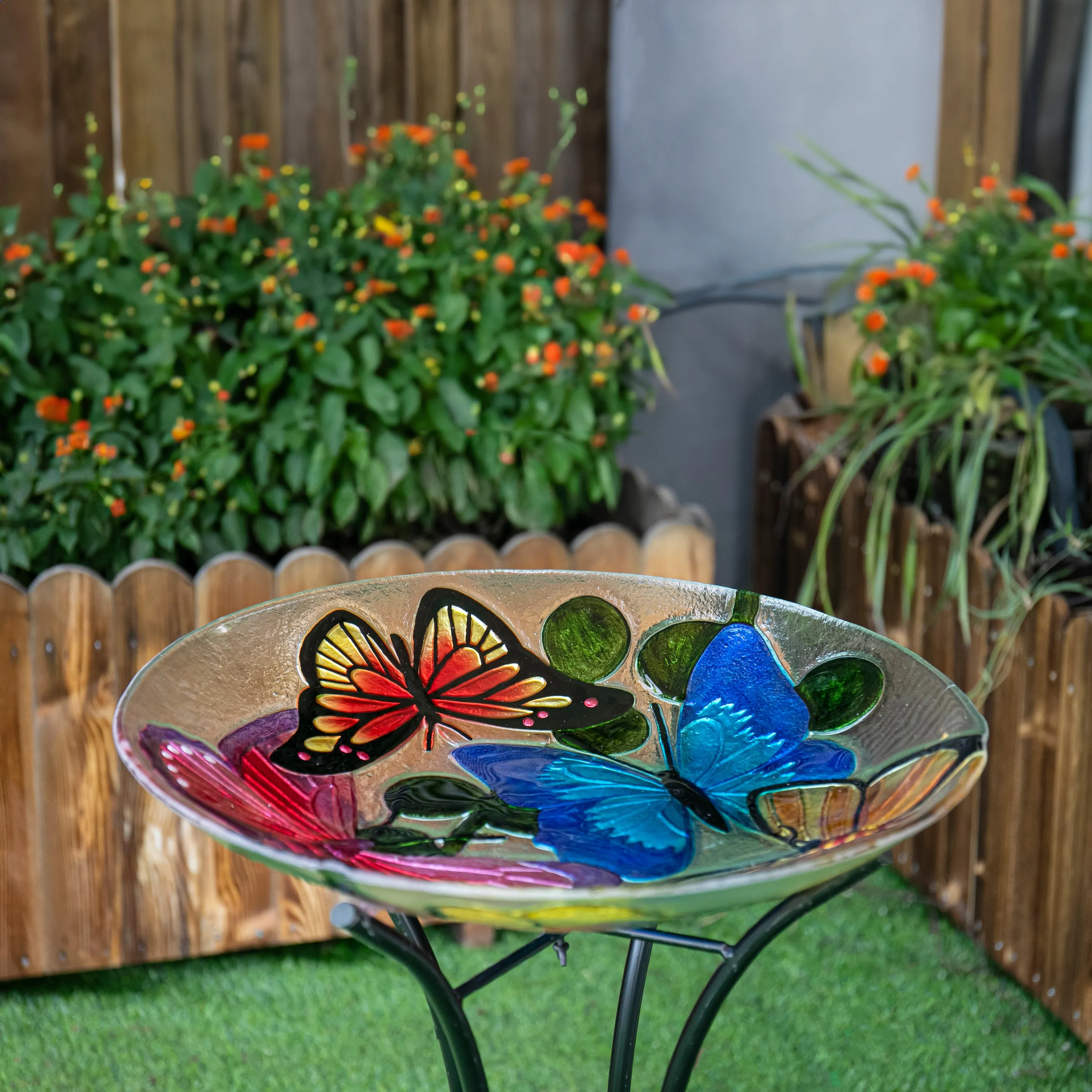 18" Butterfly Collage Glass Bird Bath,2gb119a