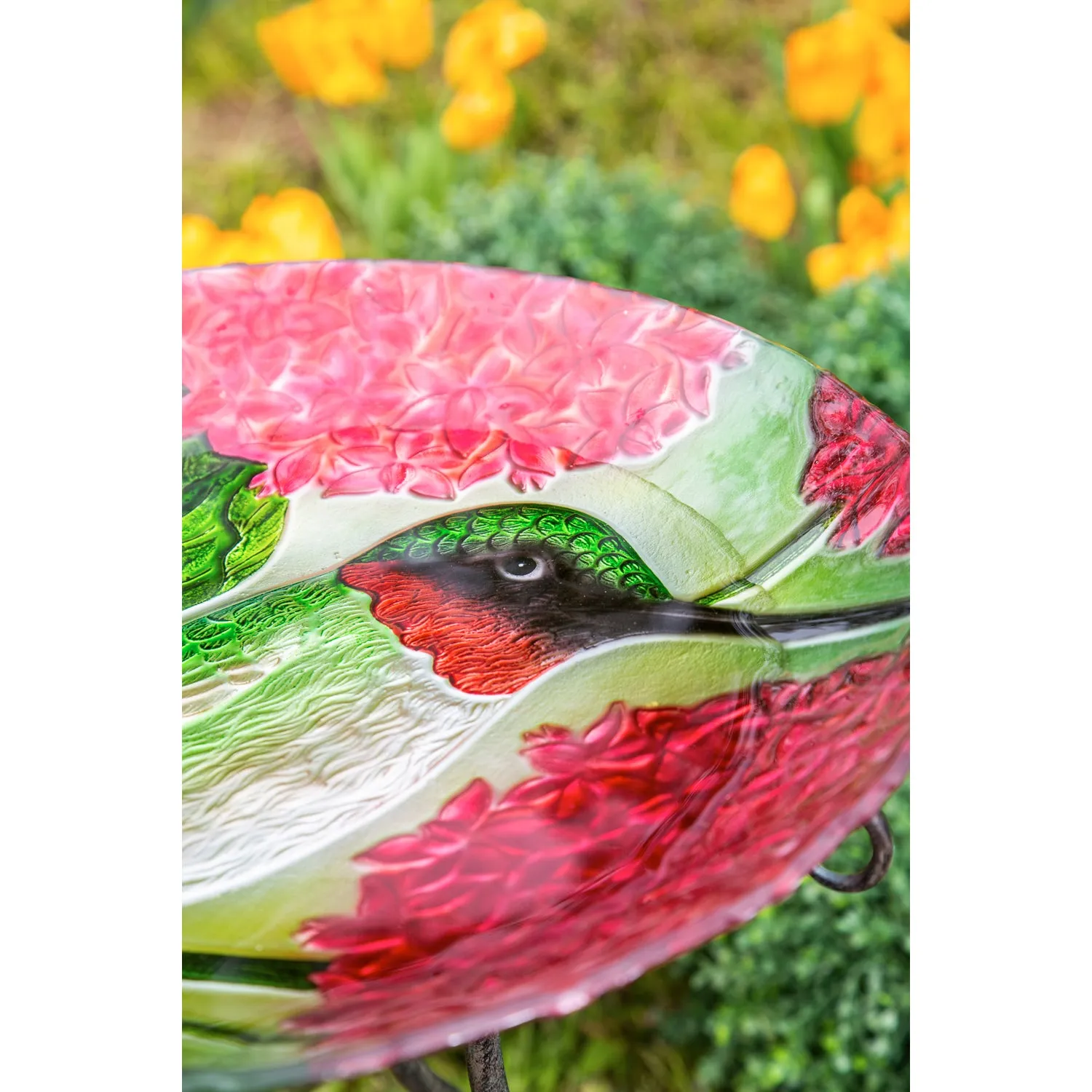 18" Hand Painted Embossed Glass Bird Bath, Hummingbird with Red Lupine Florals,2gb6886