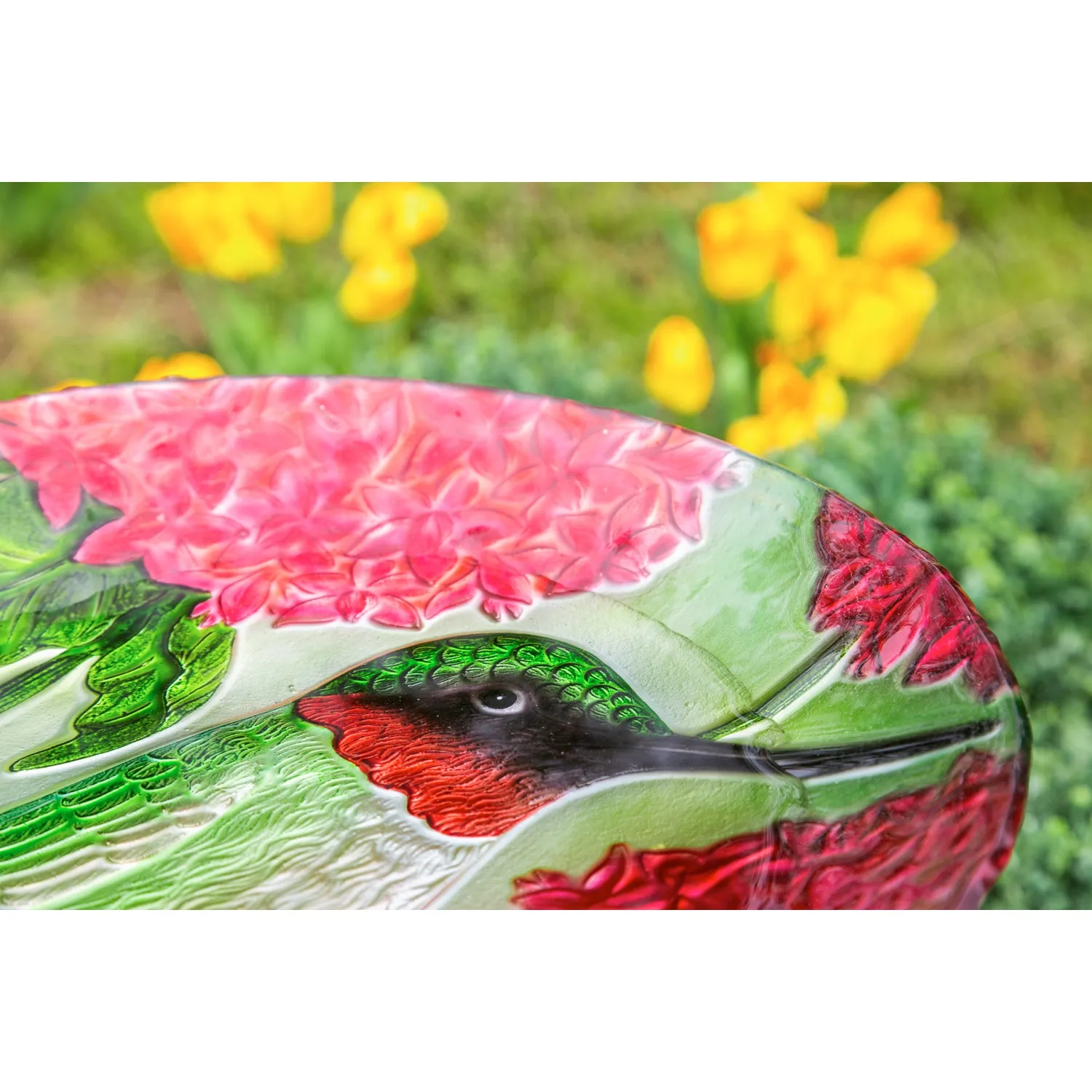 18" Hand Painted Embossed Glass Bird Bath, Hummingbird with Red Lupine Florals,2gb6886