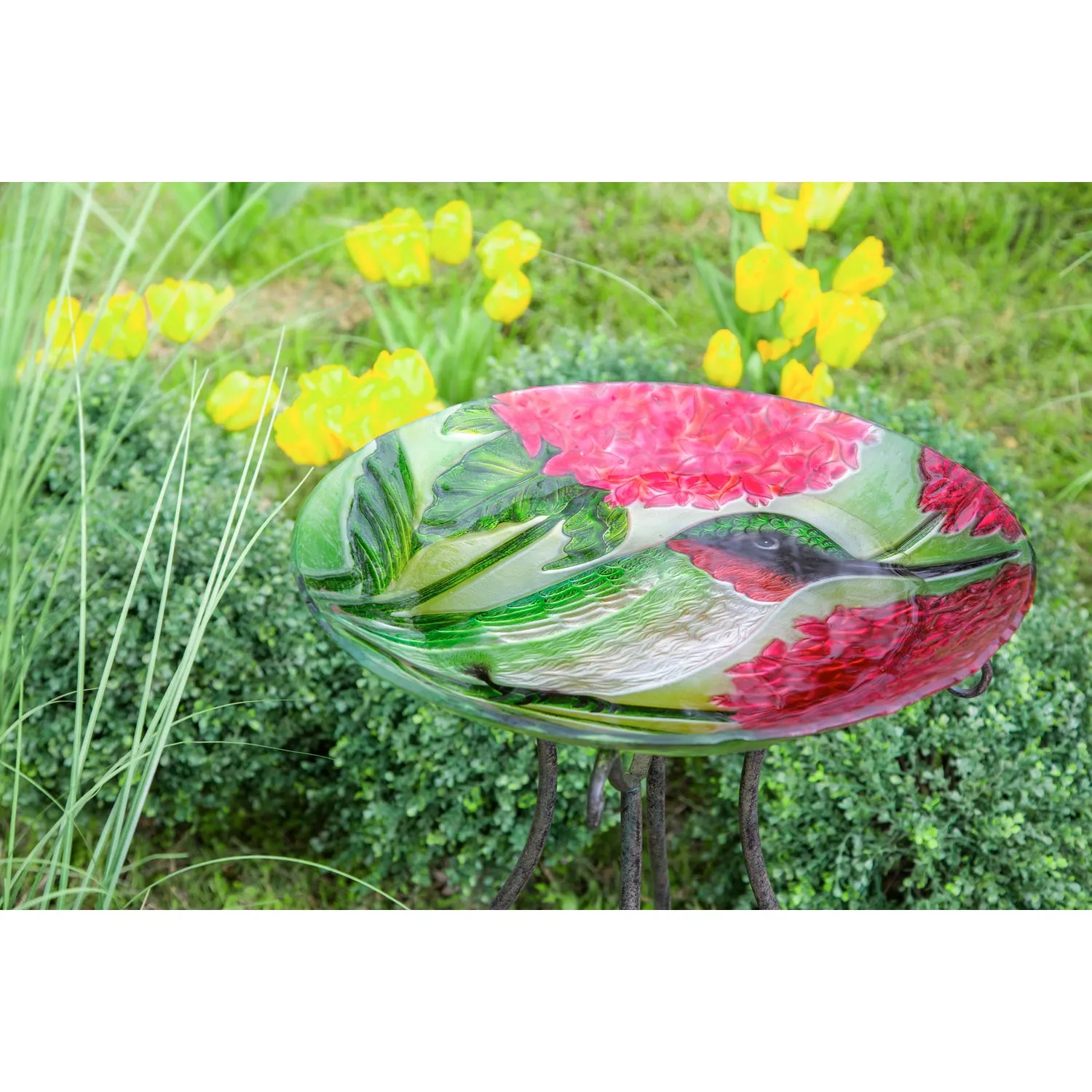 18" Hand Painted Embossed Glass Bird Bath, Hummingbird with Red Lupine Florals,2gb6886