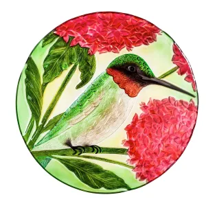 18" Hand Painted Embossed Glass Bird Bath, Hummingbird with Red Lupine Florals,2gb6886