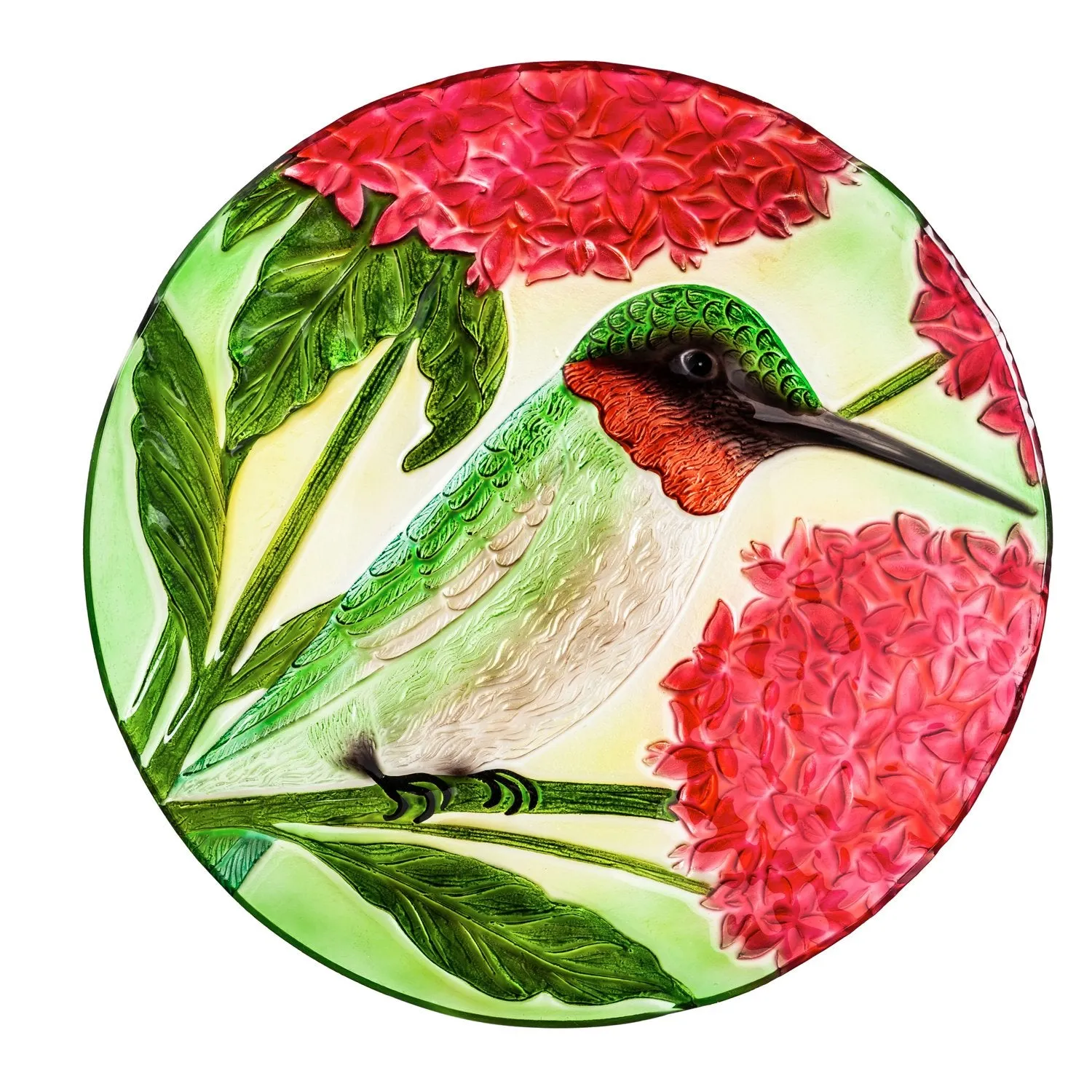 18" Hand Painted Embossed Glass Bird Bath, Hummingbird with Red Lupine Florals,2gb6886