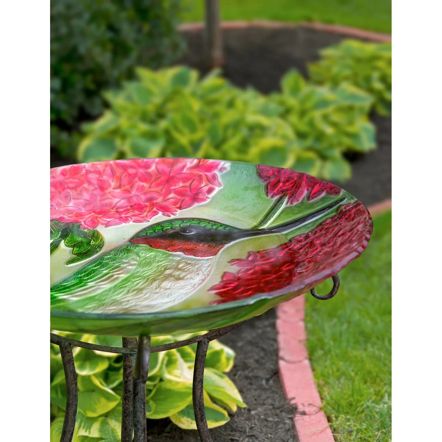 18" Hand Painted Embossed Glass Bird Bath, Hummingbird with Red Lupine Florals,2gb6886