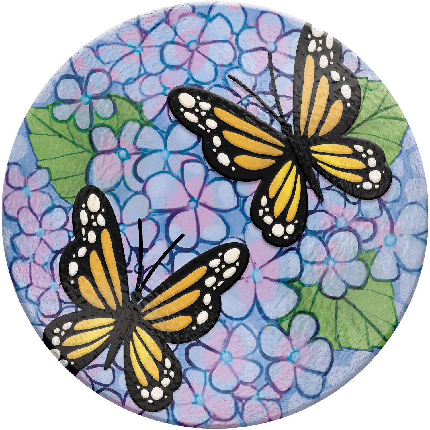 18" Hand Painted Embossed Glass Bird Bath, Monarchs in Purple Hydrangeas,2gb6890