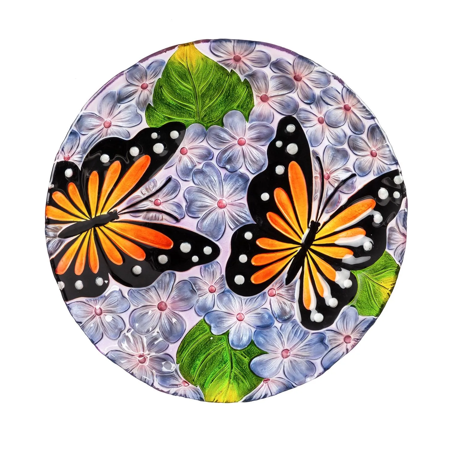 18" Hand Painted Embossed Glass Bird Bath, Monarchs in Purple Hydrangeas,2gb6890