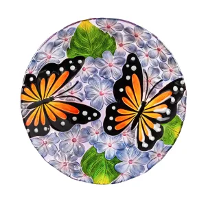 18" Hand Painted Embossed Glass Bird Bath, Monarchs in Purple Hydrangeas,2gb6890