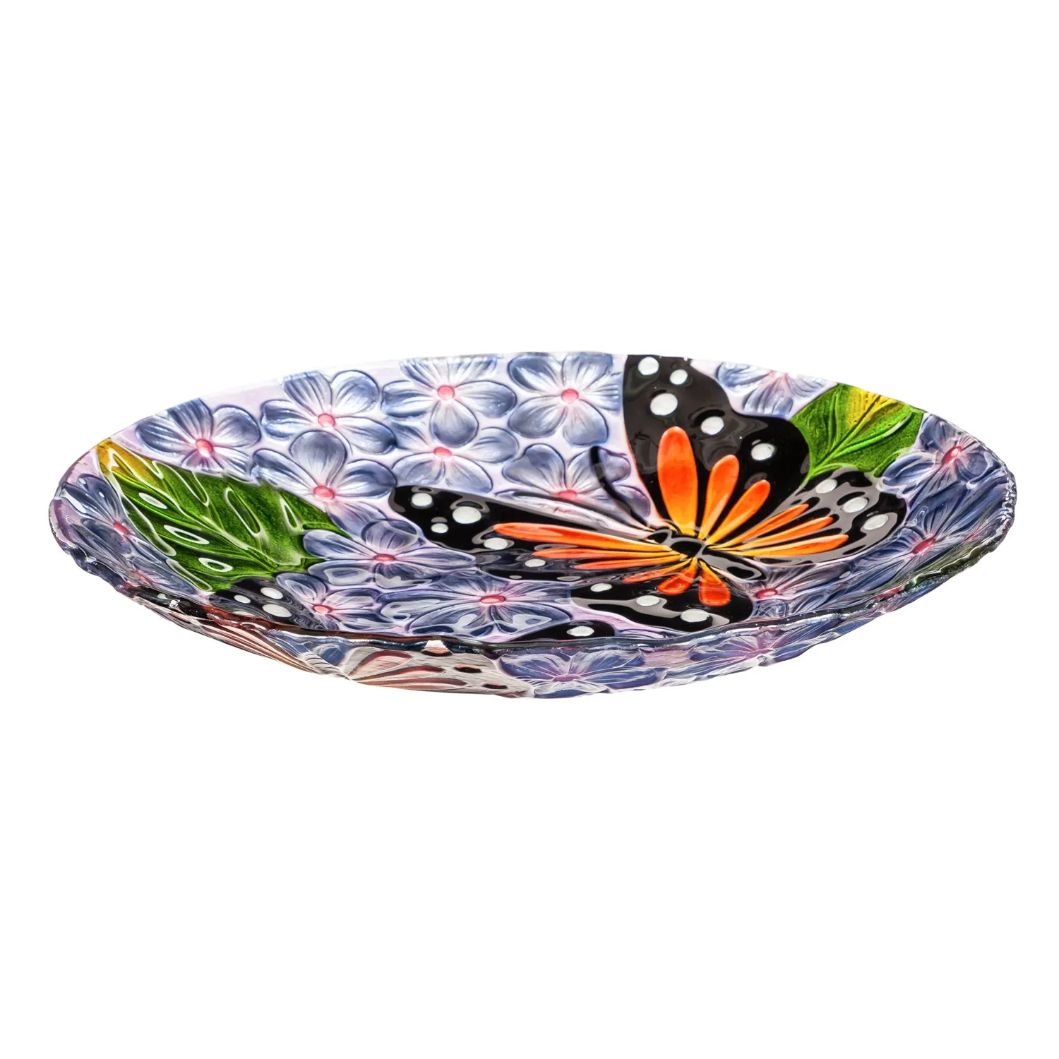 18" Hand Painted Embossed Glass Bird Bath, Monarchs in Purple Hydrangeas,2gb6890