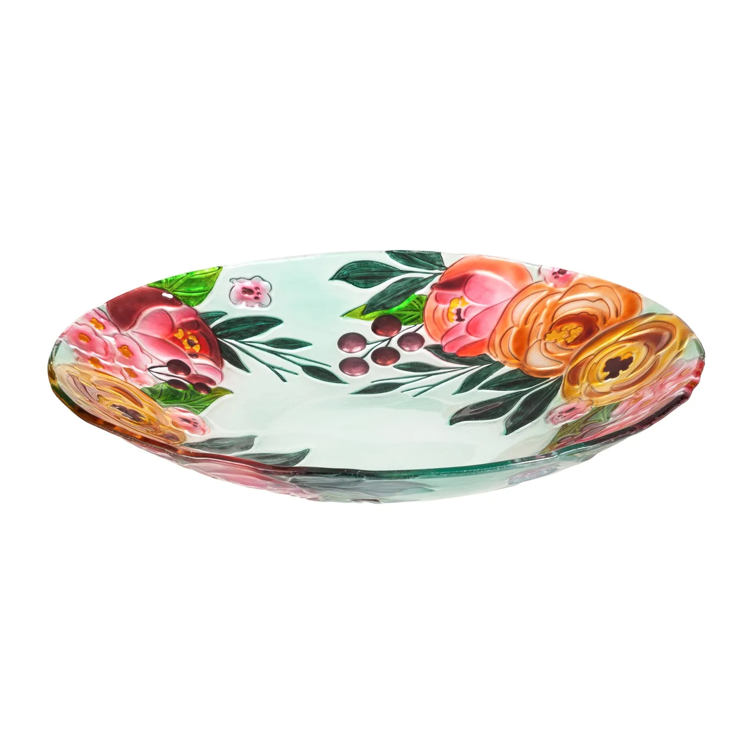 18" Hand Painted Embossed Glass Bird Bath, Soft Florals,2gb6897
