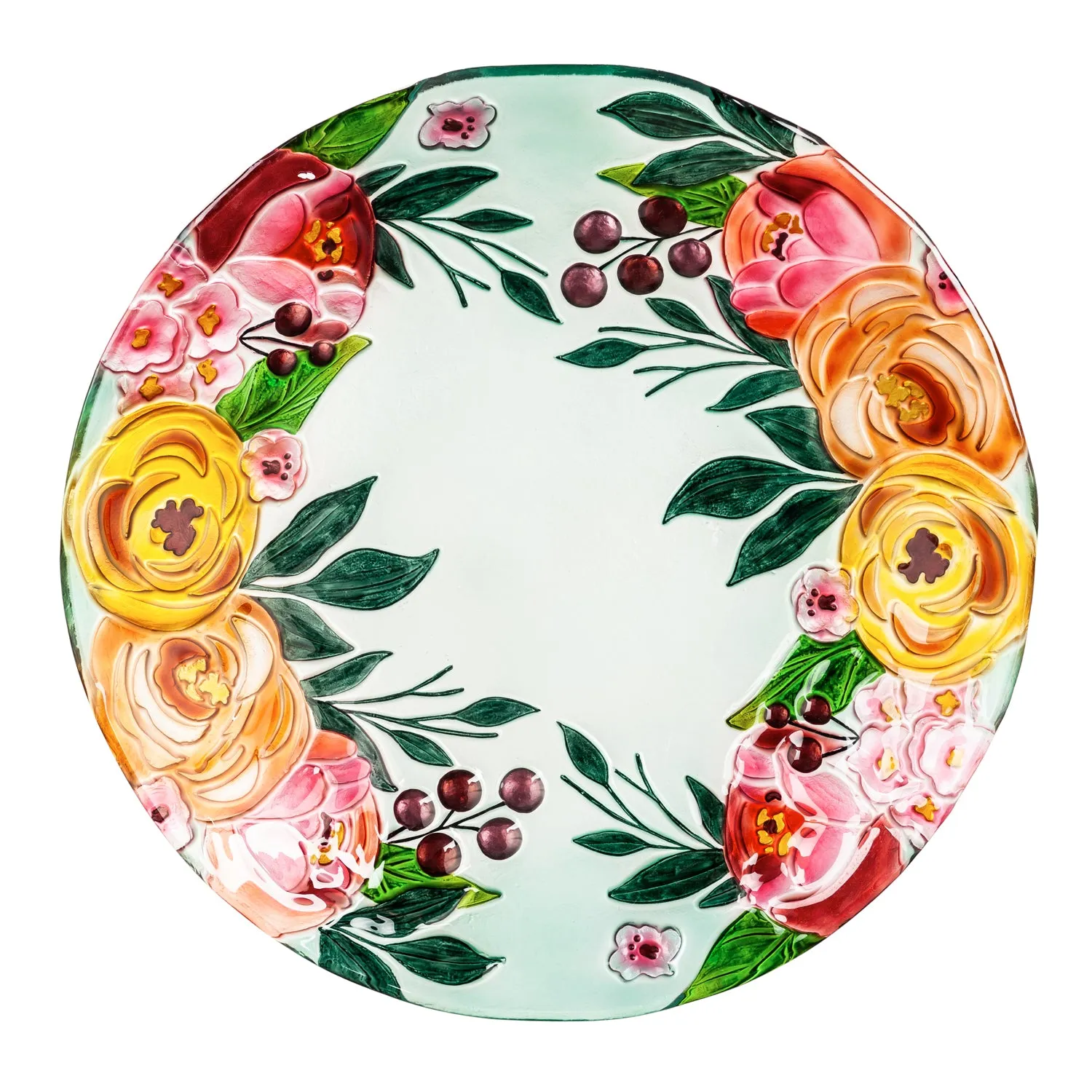 18" Hand Painted Embossed Glass Bird Bath, Soft Florals,2gb6897