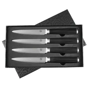 4 Piece Japanese VG-10 Steel Steak Knives with Sharp, Non-Serrated Damascus Steel Blades