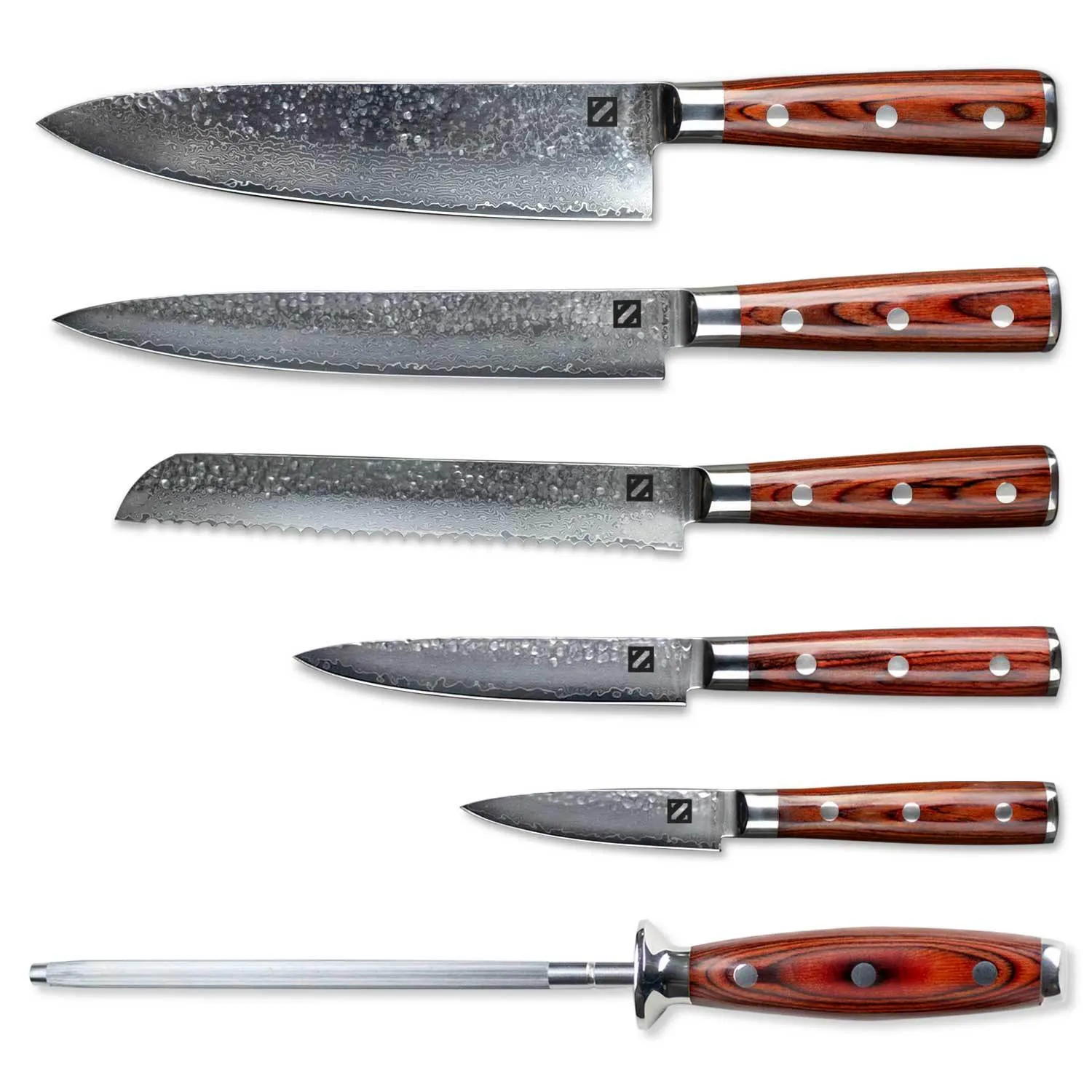 6 Piece Hammered Damascus Steel Knife Set with 16-Layer Steel Blade and Teak Handle