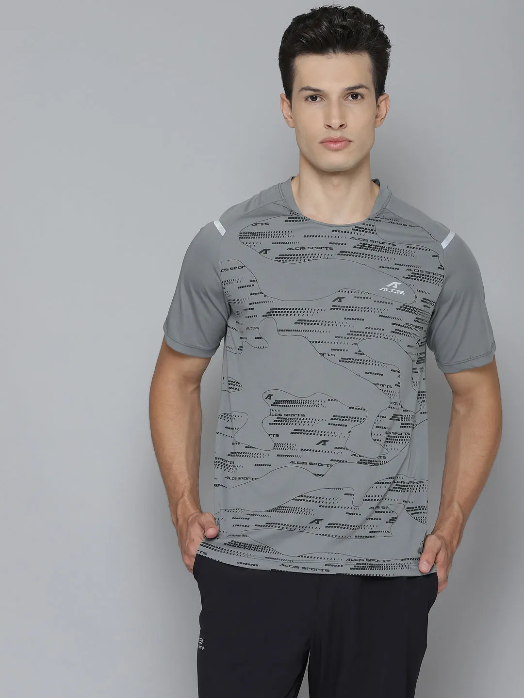 Alcis Men Self Design Grey Tshirts
