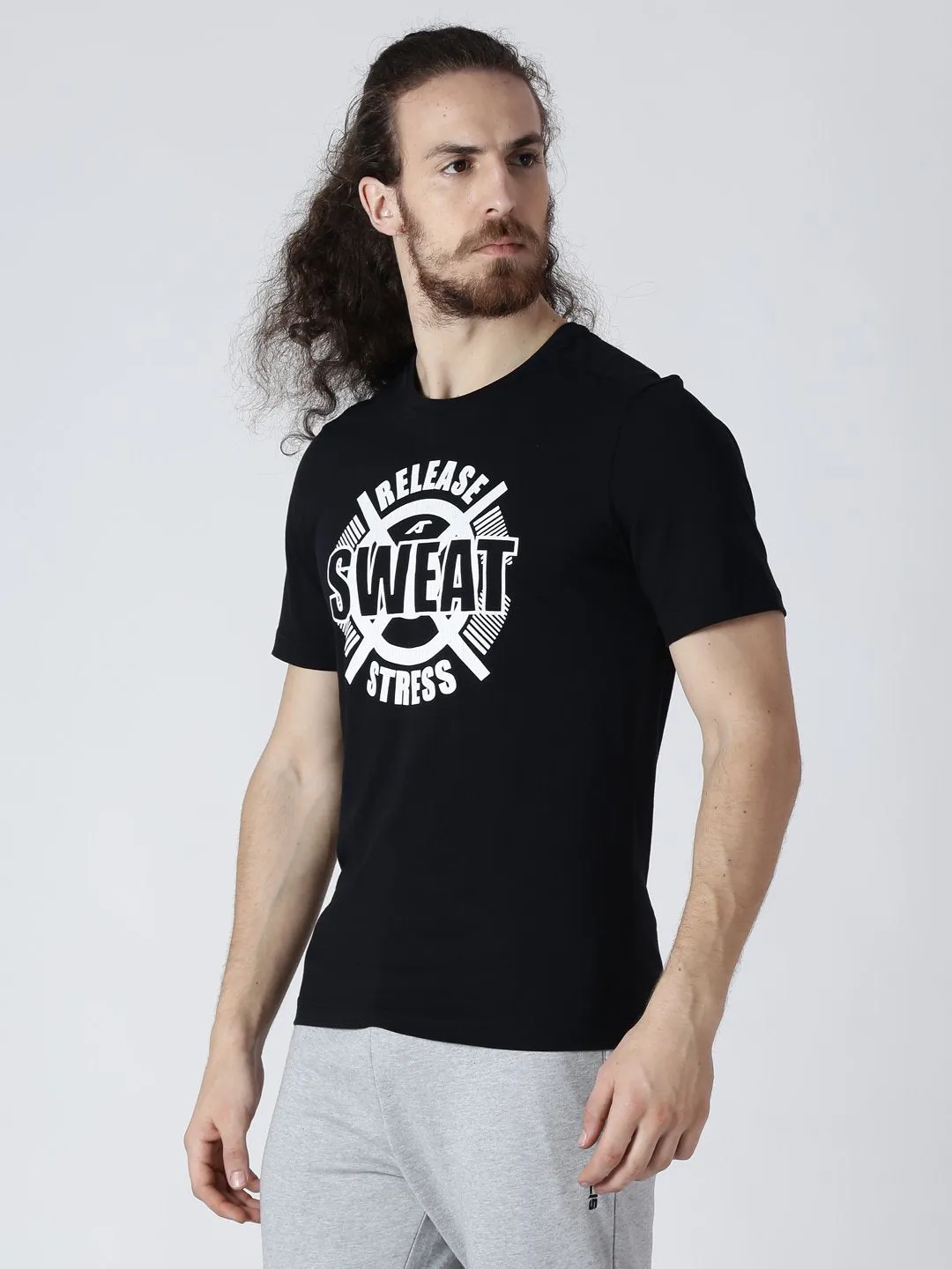 Alcis Mens Printed Sweat Black T-Shirt-S-Black