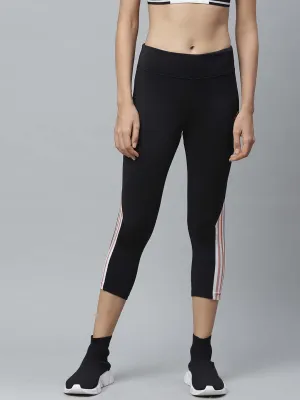 Alcis Women Black Striped Detail Fitted Training Three Fourth Tights
