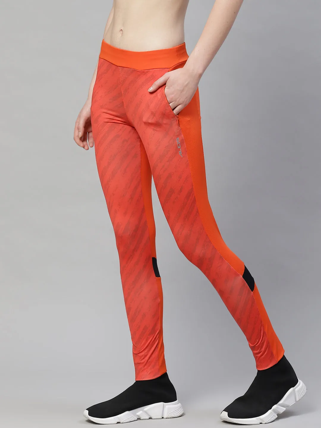 Alcis Women Orange Grey Abstract Print Tights