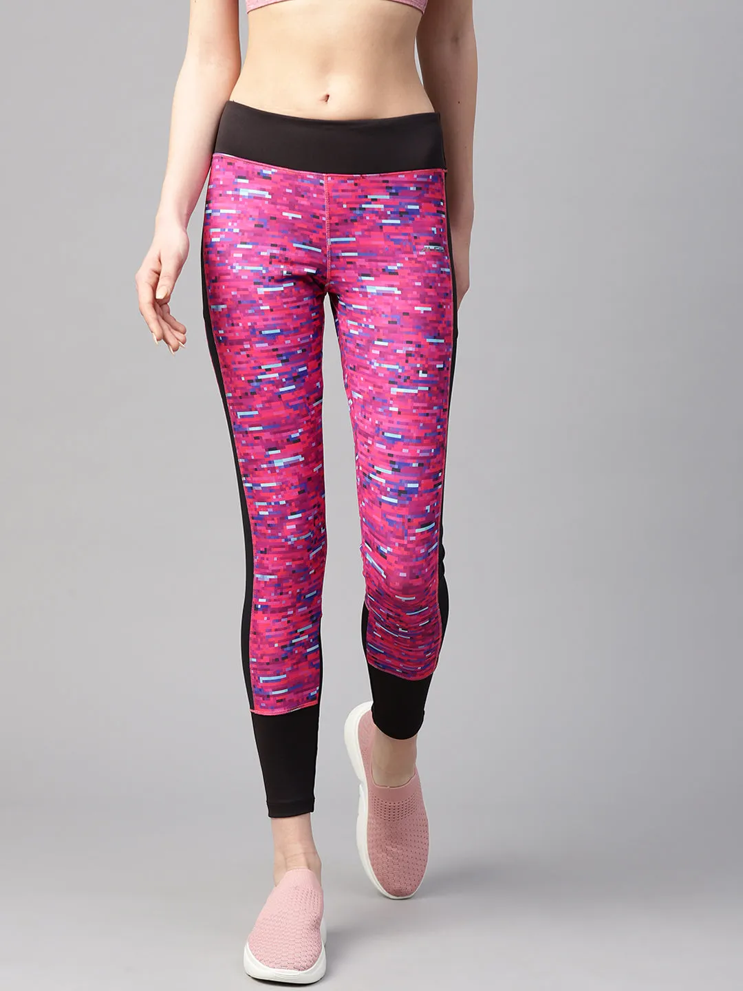 Alcis Women Pink Black Abstract Print Tights