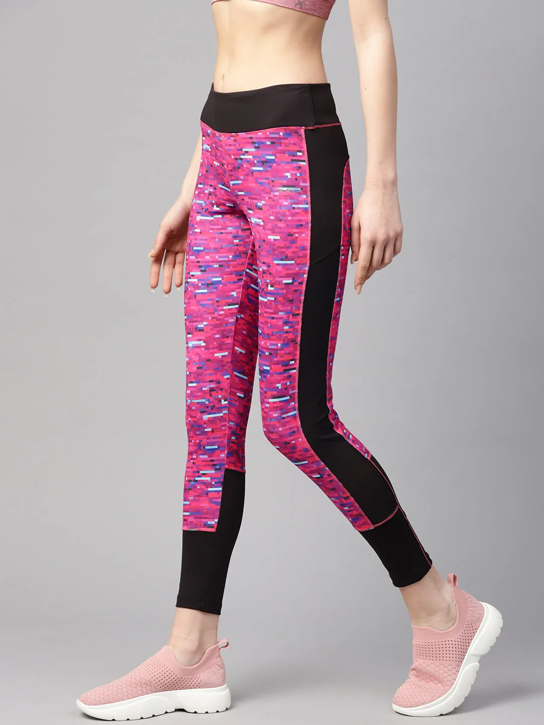 Alcis Women Pink Black Abstract Print Tights
