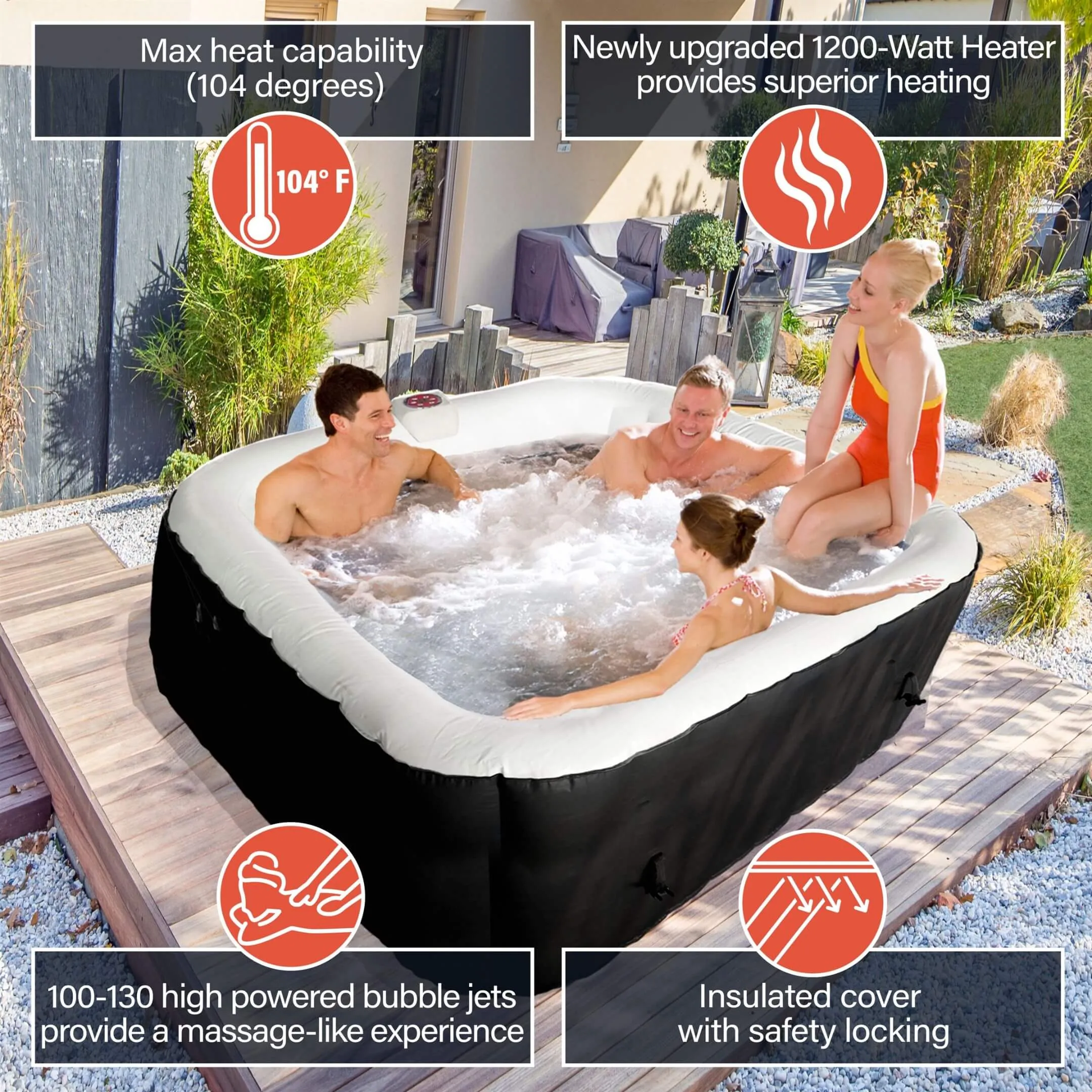 ALEKO Square Inflatable Jetted Hot Tub Spa With Cover - 6 Person - 265 Gallon - Black I SPAFAIR