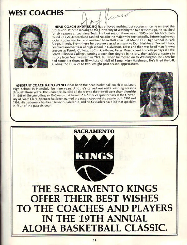Aloha Classic Certified Authentic Autographed Program Jim Valvano PSA W04097