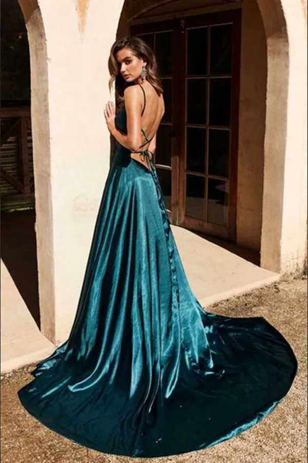 Anneprom Simple Dark Green Satin A line Backless Long Prom Dresses with High Slit APP0550