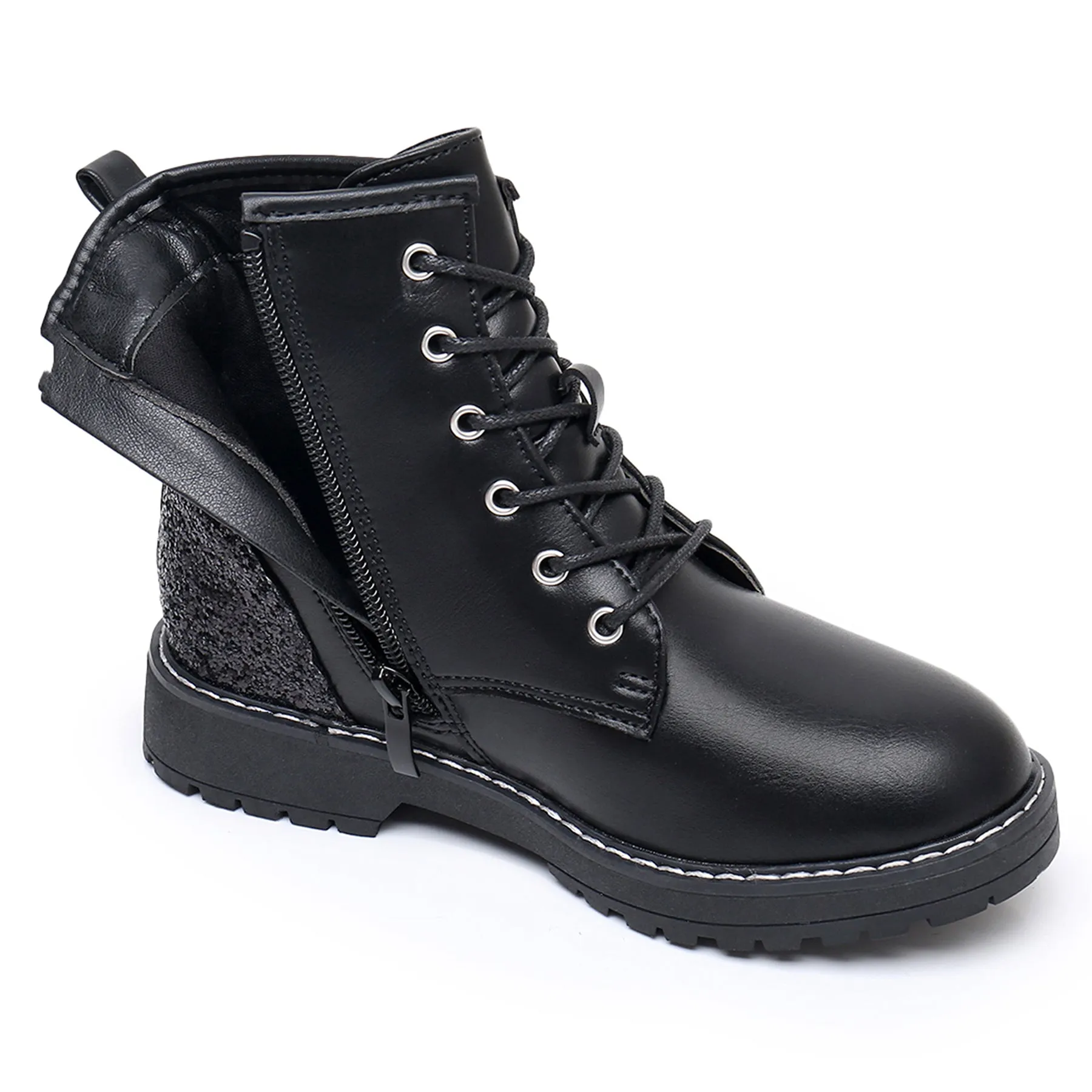 Apakowa Kids Gilrs Combat Boots with Side Zipper for Little/Big Kid-ZSF02-Black