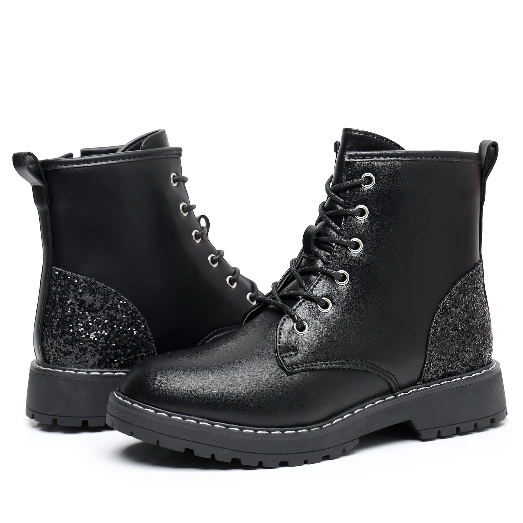 Apakowa Kids Gilrs Combat Boots with Side Zipper for Little/Big Kid-ZSF02-Black