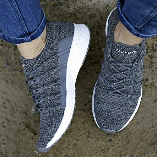 Bacca Bucci® Men's Stella Comfortable Running Shoes with Adaptive Smart Cushioning 5 in 1 uni-Moulding Technology Professional Non Slip Sneakers for Walking, Tennis, Fitness & Gym-Grey