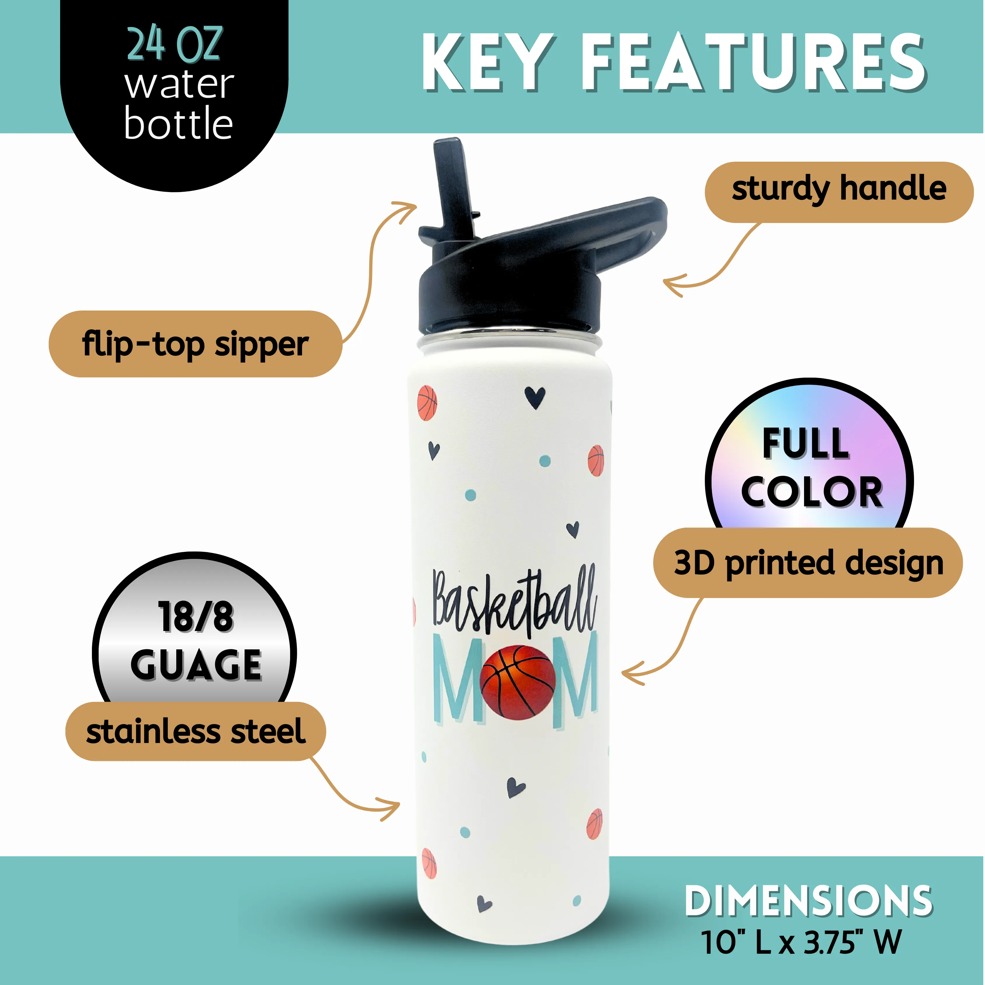 Basketball Mom Water Bottle Gift - Large Insulated Water Bottle with Straw - Stainless Steel Metal 24 oz Travel Cup for Mom, Mama, Mother, Wife, Women | Keeps Hot and Cold for Hours