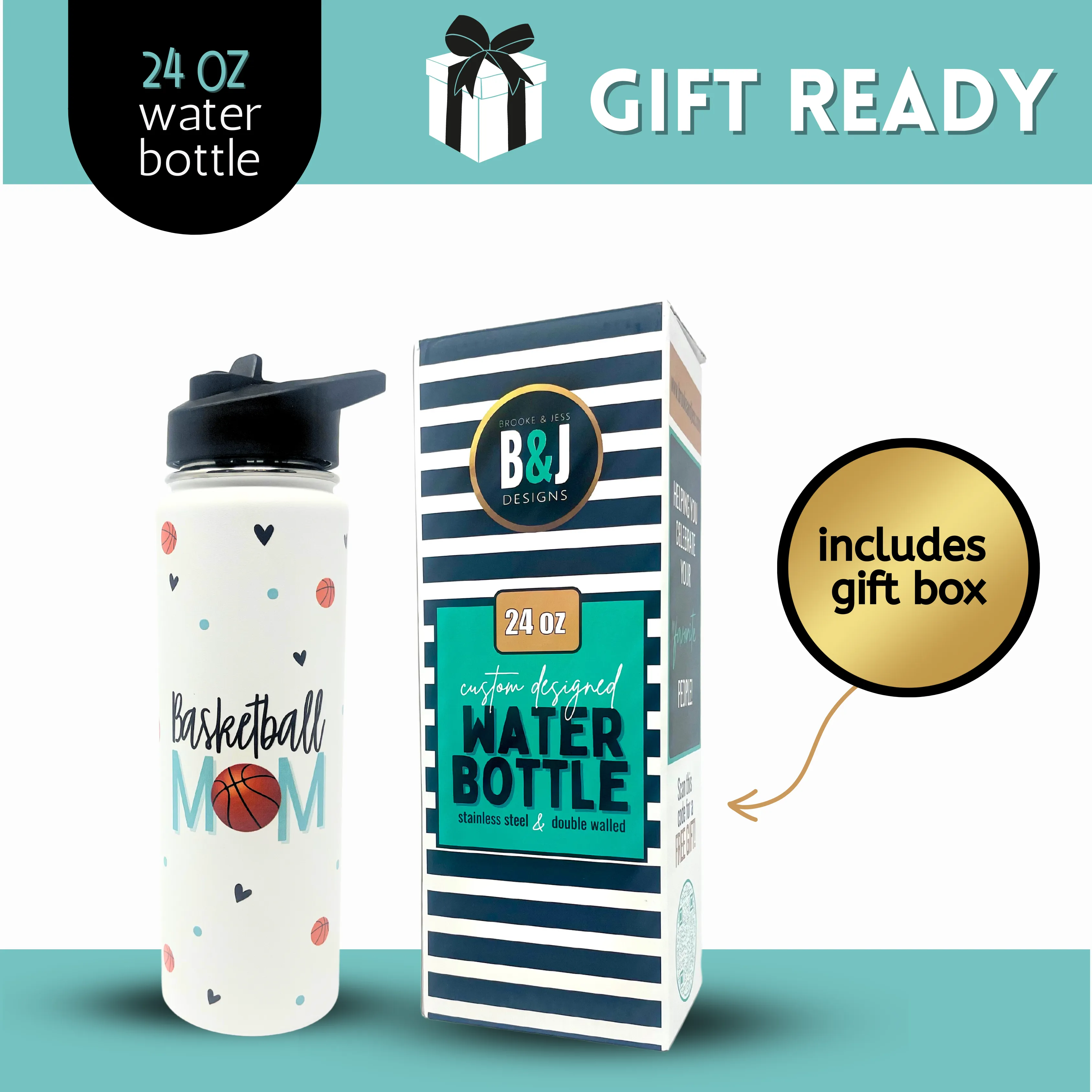 Basketball Mom Water Bottle Gift - Large Insulated Water Bottle with Straw - Stainless Steel Metal 24 oz Travel Cup for Mom, Mama, Mother, Wife, Women | Keeps Hot and Cold for Hours