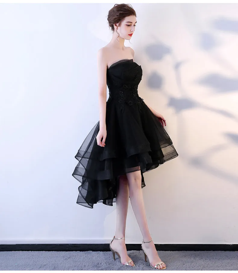 Black Tulle Flowers Lace High Low Strapless Homecoming Dress, Black Formal Dress