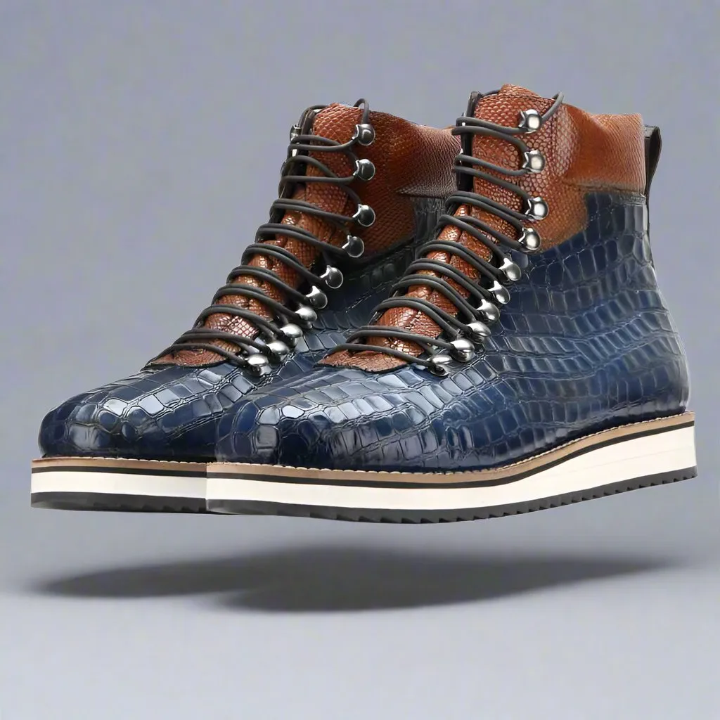 Blue Alligator Leather and Brown Leather High Top Lace Up Sneakers With White Sole - Sneaker Shoes - Boots