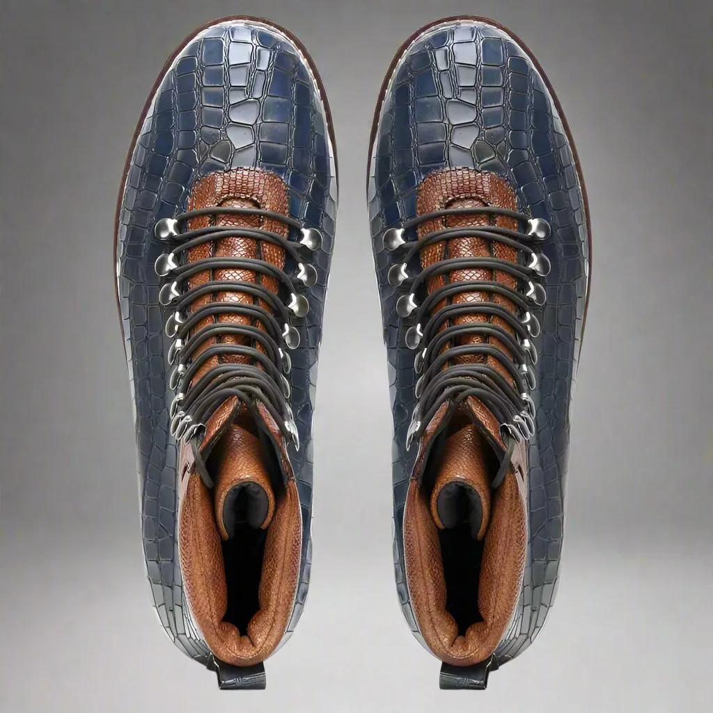 Blue Alligator Leather and Brown Leather High Top Lace Up Sneakers With White Sole - Sneaker Shoes - Boots