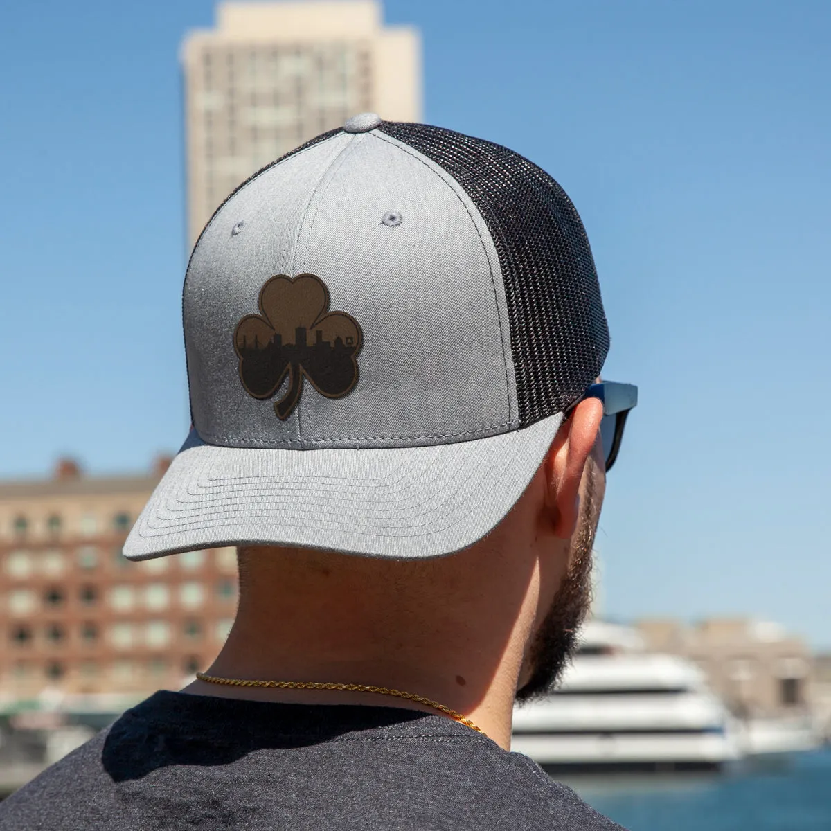 Boston Shamrock Skyline Leather Patch Classic Snapback Trucker