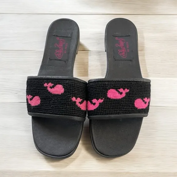 By Paige Needlepoint Peep Toe Slide Shoes Black Wool w/Pink Whales