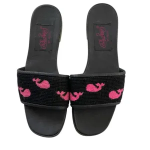 By Paige Needlepoint Peep Toe Slide Shoes Black Wool w/Pink Whales