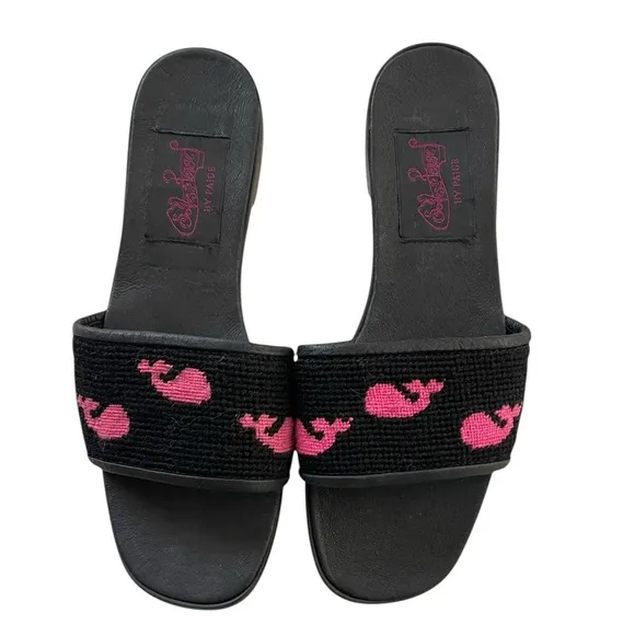 By Paige Needlepoint Peep Toe Slide Shoes Black Wool w/Pink Whales