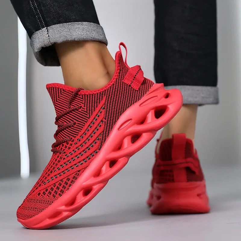 Comfortable Sneakers – Breathable Mesh Tennis Sports Running & Walking Outdoor Shoes for Men, Red Flying Weave, Slip-on Gym Shoes