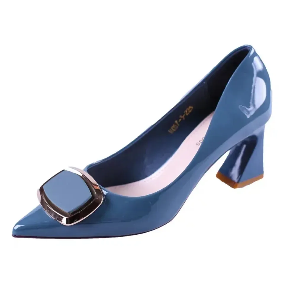 Crystal Buckle Pumps | Classic Pointy Toe Slip-On With Block Heel