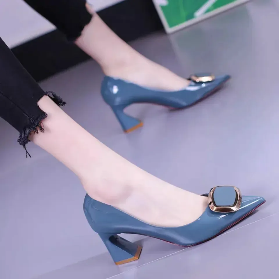 Crystal Buckle Pumps | Classic Pointy Toe Slip-On With Block Heel