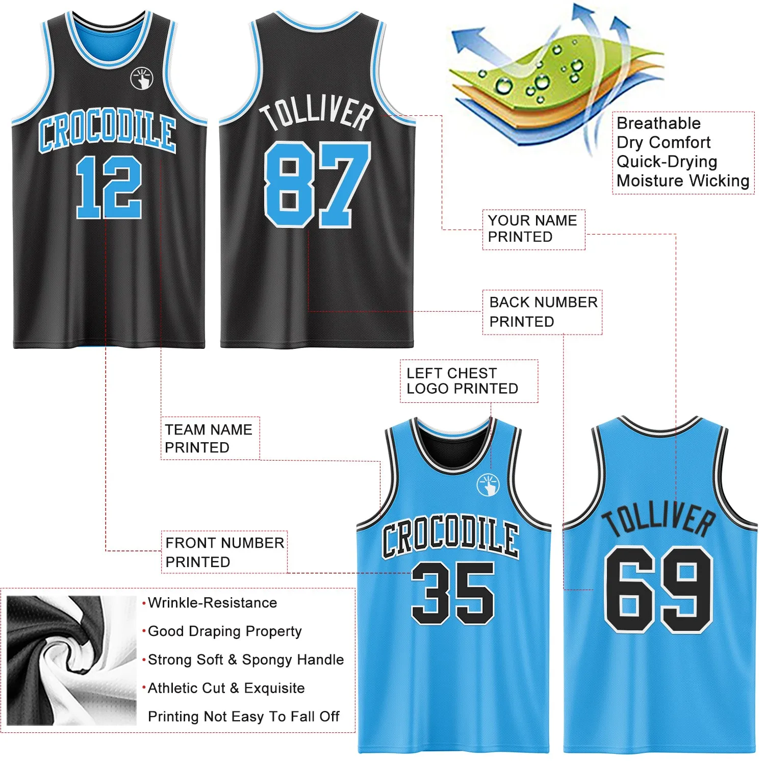 Custom Reversible Black Sky Blue-White Double Side Authentic Basketball Jersey