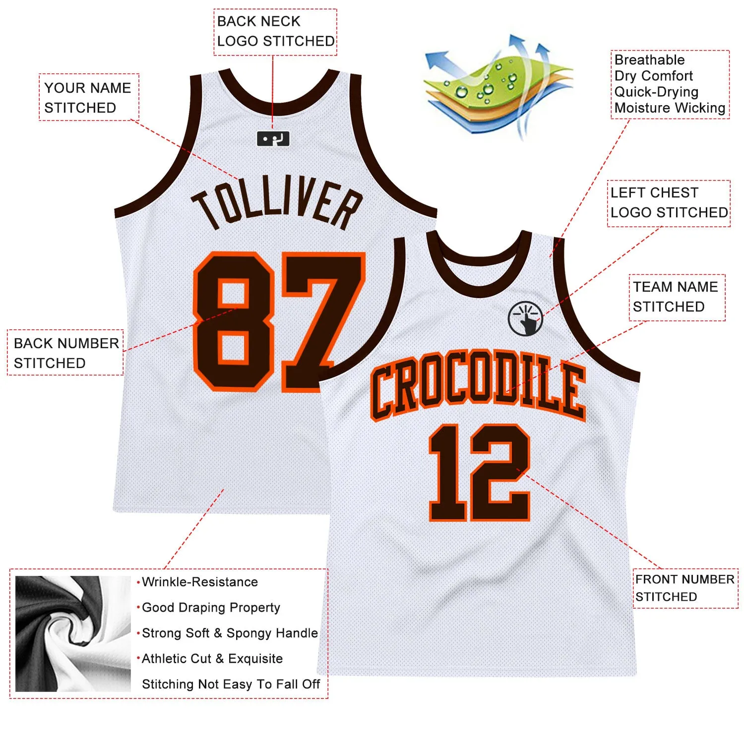 Custom White Brown-Orange Authentic Throwback Basketball Jersey