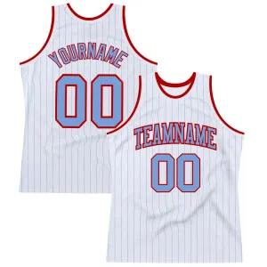 Custom White Light Blue Pinstripe Light Blue-Red Authentic Basketball Jersey