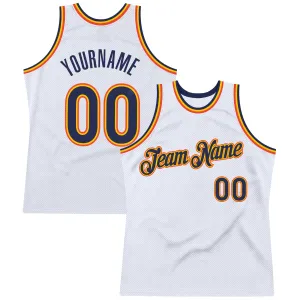 Custom White Navy-Orange Authentic Throwback Basketball Jersey