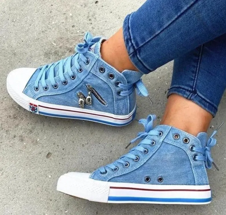 Denim Aura™ | Women's High-Top Sneakers | Denim Fabric, Lace-Up Design, Casual Comfortable Footwear