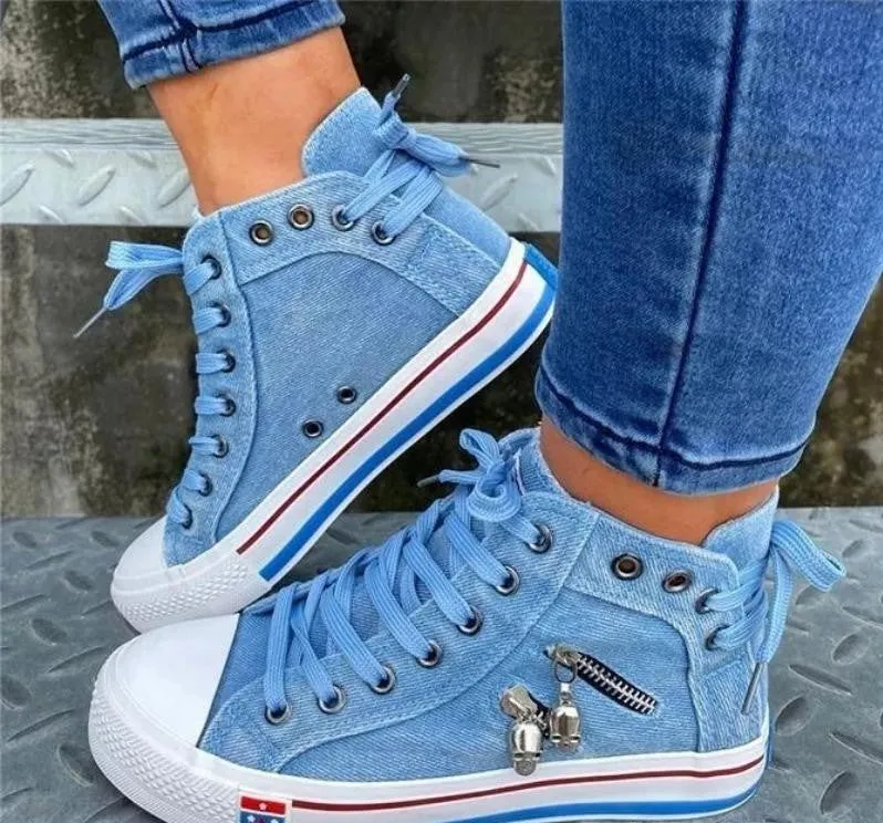 Denim Aura™ | Women's High-Top Sneakers | Denim Fabric, Lace-Up Design, Casual Comfortable Footwear