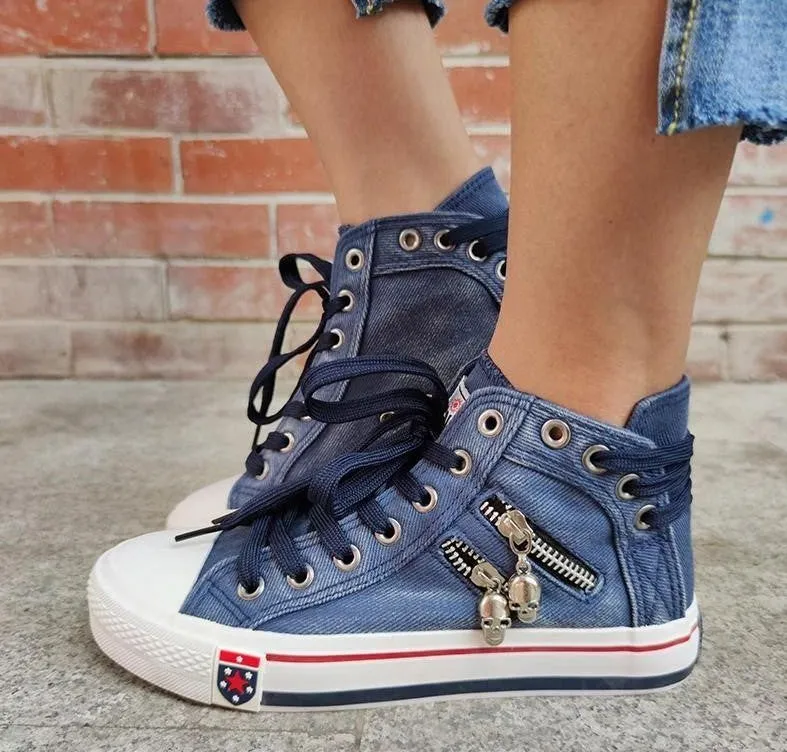 Denim Aura™ | Women's High-Top Sneakers | Denim Fabric, Lace-Up Design, Casual Comfortable Footwear