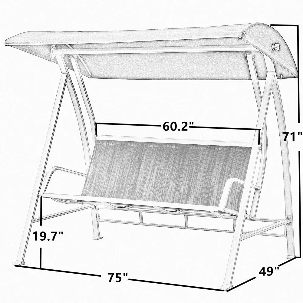 Durable Steel Frame 3-Seat Sling Canopy Swing in Grey for Outdoor Patio Porch