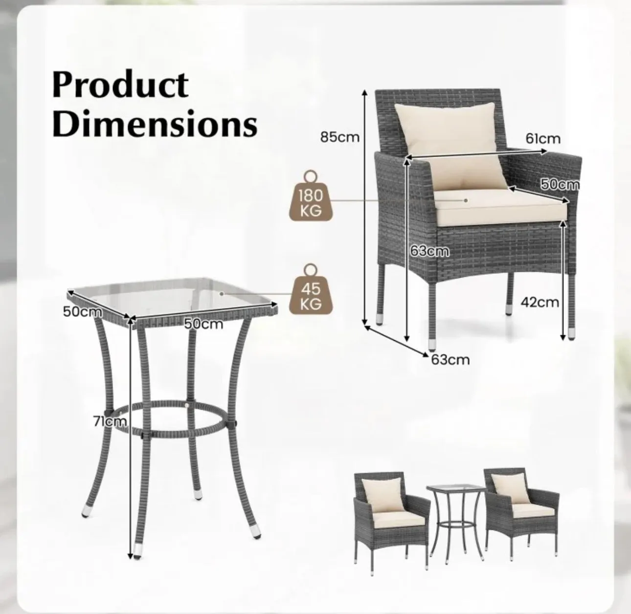 Elegant & Beautiful 3-Piece Patio Furniture Seat With Soft Cushions | Chairs | Tempered Glass Coffee Table | Conversation Sets | PE Rattan